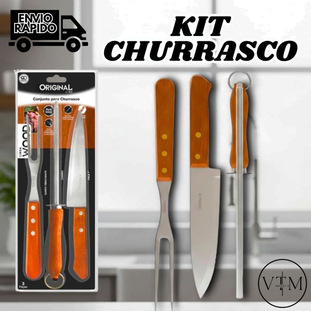 Conjunto Churrasco Cabo de Madeira Kit Utensílios Para Assar Carne Ideal Adultos Uso em Churrasqueira e Casa