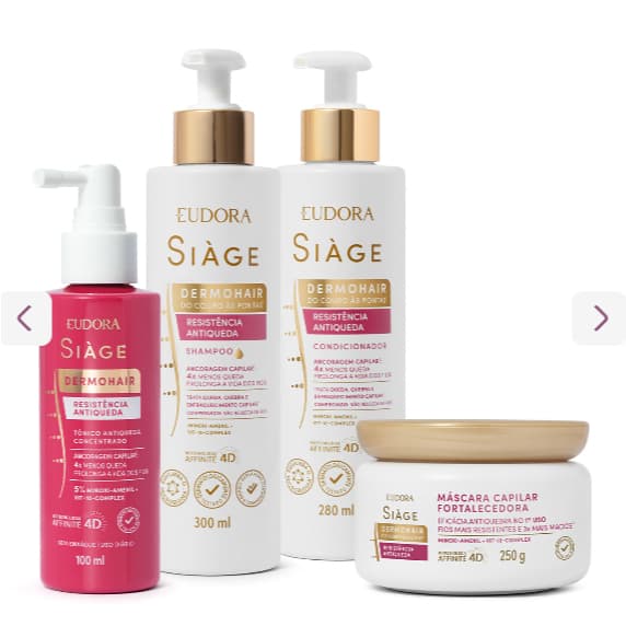 Shampoo, Condicionador, Máscara, Tônico Concentrado Siàge DermoHair Resistência Antiqueda, Eudora.