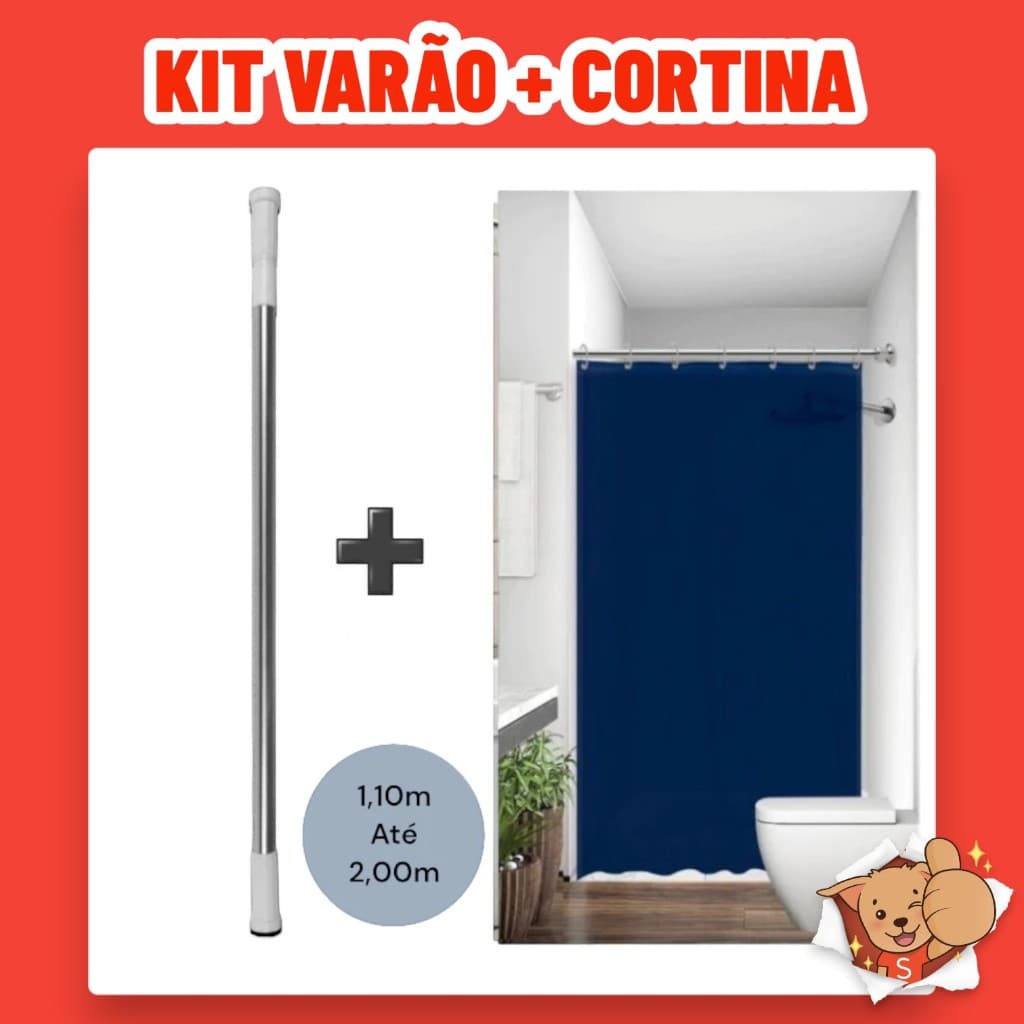 Kit Varão + Cortina para Box Banheiro Azul Tecido Poliéster Bastão Extensível Alumínio 1,10m á 2,00m