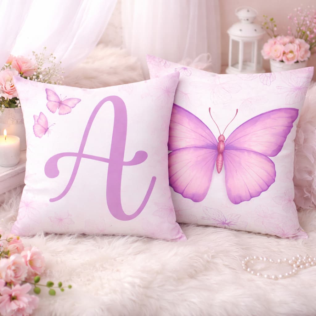 KIT 2 CAPAS DE ALMOFADAS PERSONALIZADAS INICIAL INFANTIL, BORBOLETAS JARDIM ENCANTO LILAS - TAMANHO 45X45