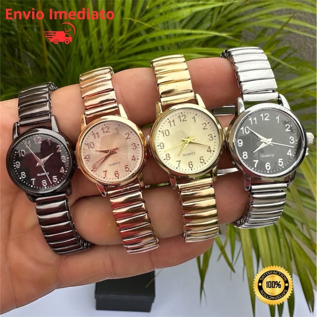 Relógio Feminino de pulso Quartz Pulseira Elástica analógico Redondo Dourado e Rose breto prata Preto Moda Retro moderno