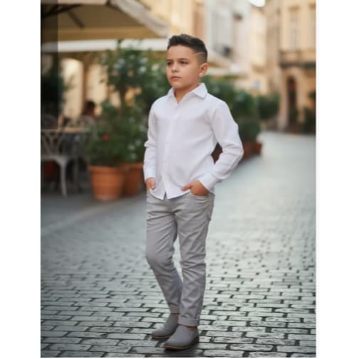 Calça Cinza com Camisa Manga Longa Branca Infantil Batizado Formatura Festa Evento Menino Social