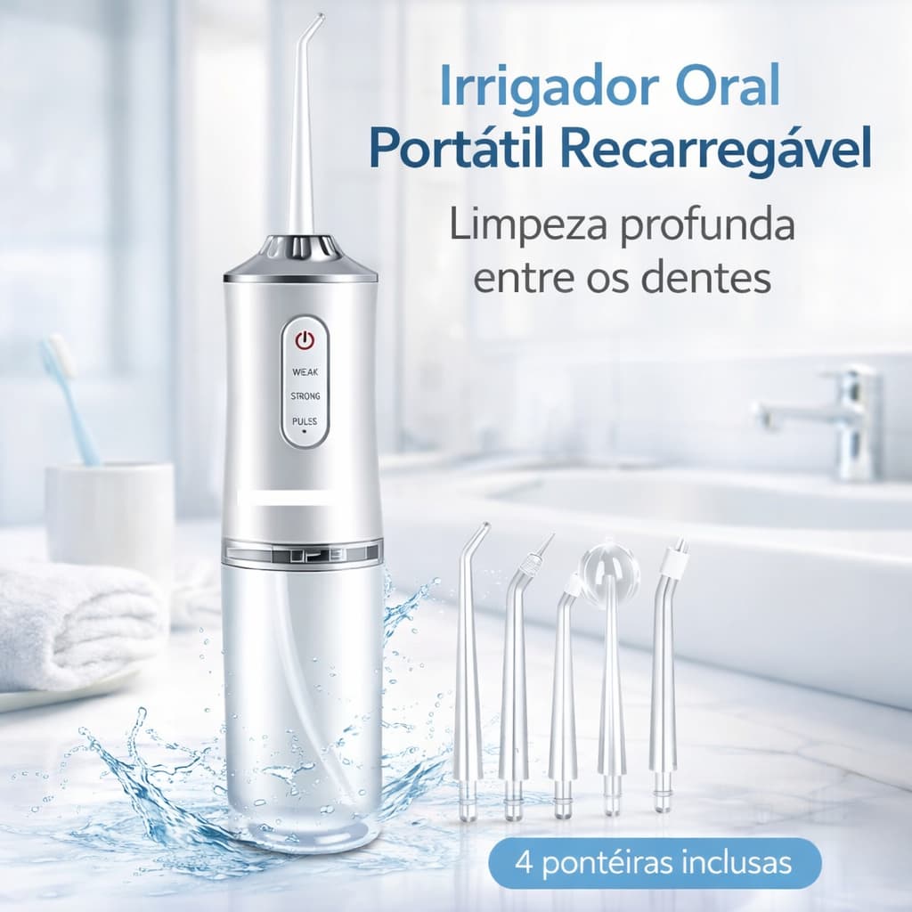 Irrigador Oral Portátil Recarregável Jato Água Limpeza Dental USB Reservatório 3 Modos Potente