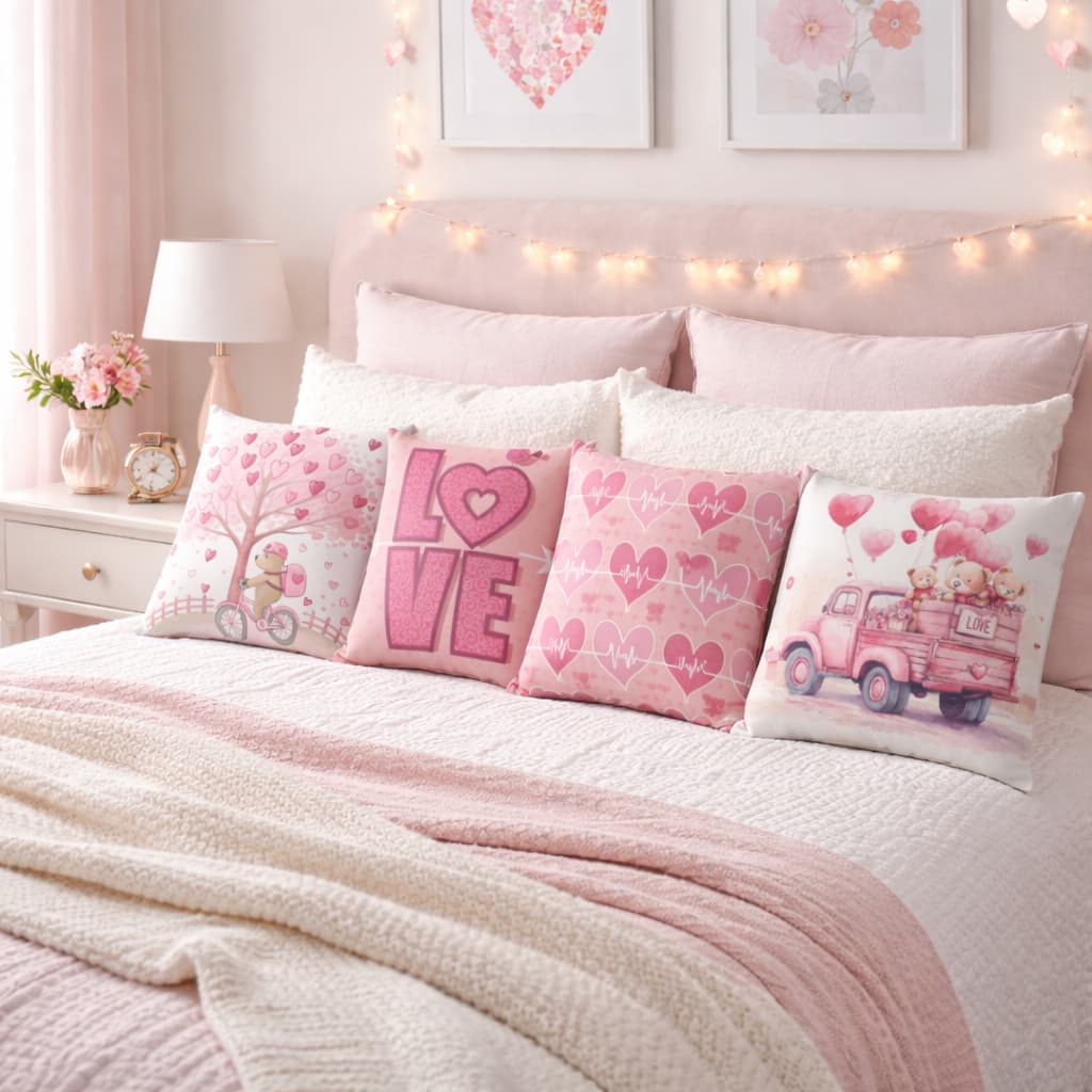Kit 4 Capas de Almofadas Infantil Teen Ursinho Árvore Coração Ursos Romântica Rosa e Branco Love - 45x45