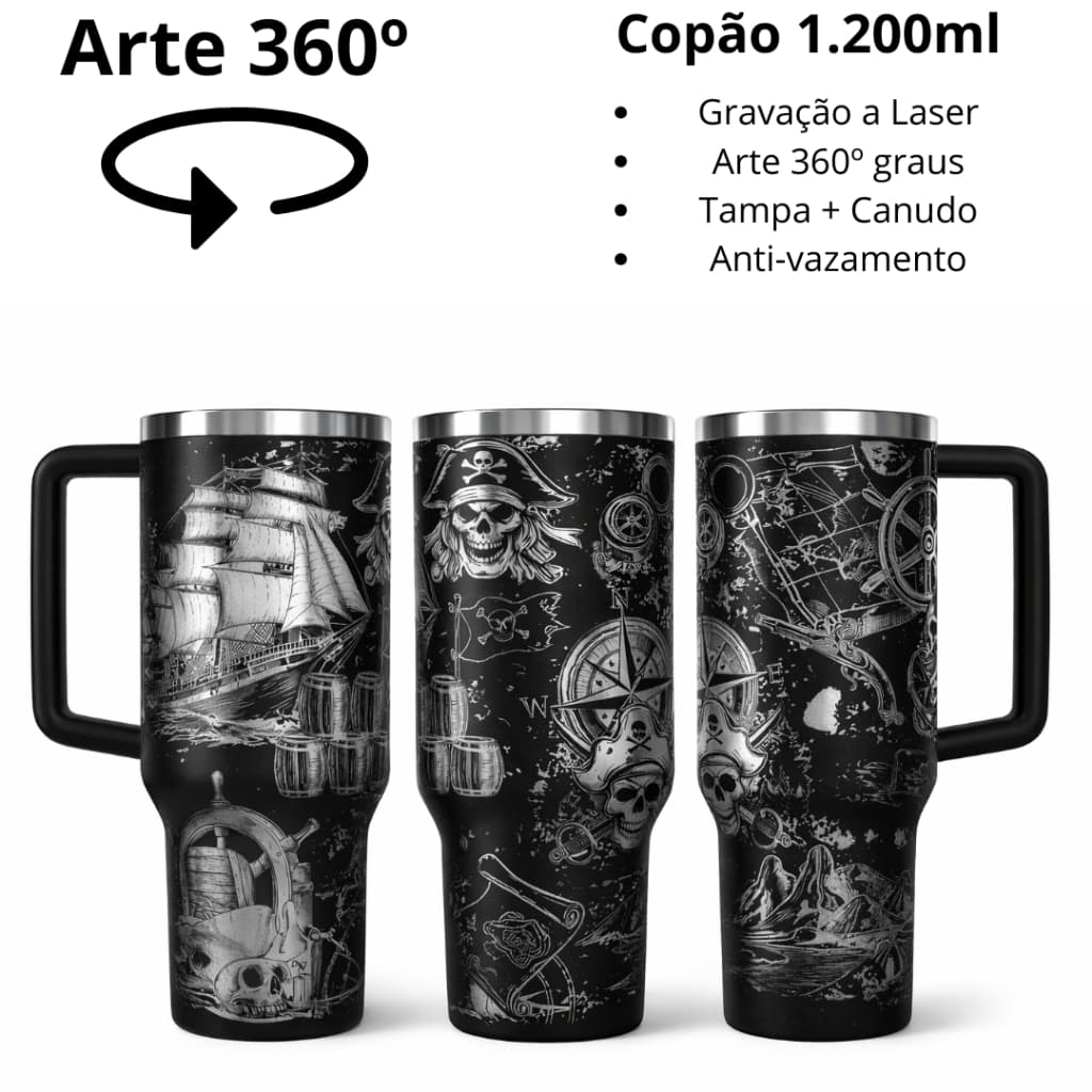 COPO TÉRMICO 1200ML COPÃO COM ARTE A LASER 360 GRAUS TEMA: PIRATA CAVEIRA NAVIO IDÉIAS DE PRESENTE