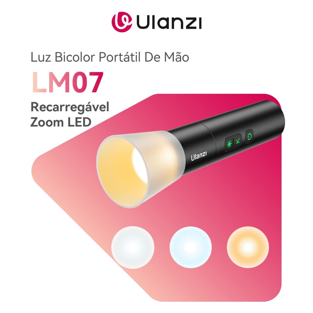 ULANZI LM07 Luz De Vídeo Portátil De Mão Com Rosca 1/4" E Zoom LED Bicolor Recarregável