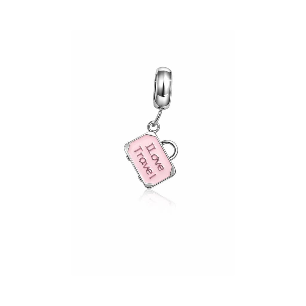 Berloque I Love Travel Mala Rosa Viagem Aço Inox Pode Molhar Pingente Charm Joia Luxo