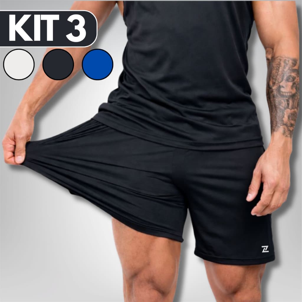 KIT 3 Bermudas Shorts Masculino Dry Fit Academia Tactel com Elastano Bolso Futebol Corrida