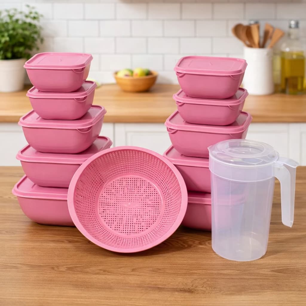 Kit Completo 12 Peças Conjunto Pote Plástico Rosa Quadrado 10 peças + 1 Escorredor + Jarra Cristal