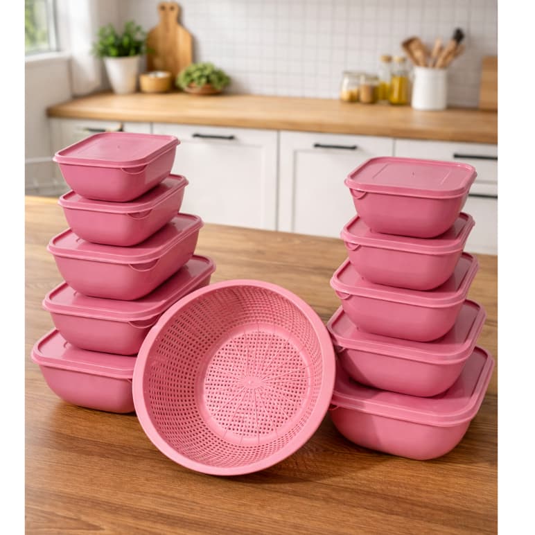 Conjunto Pote Plástico Rosa Quadrado 10 peças + 1 Escorredor, Microondas, Lava-Louças, Freezer