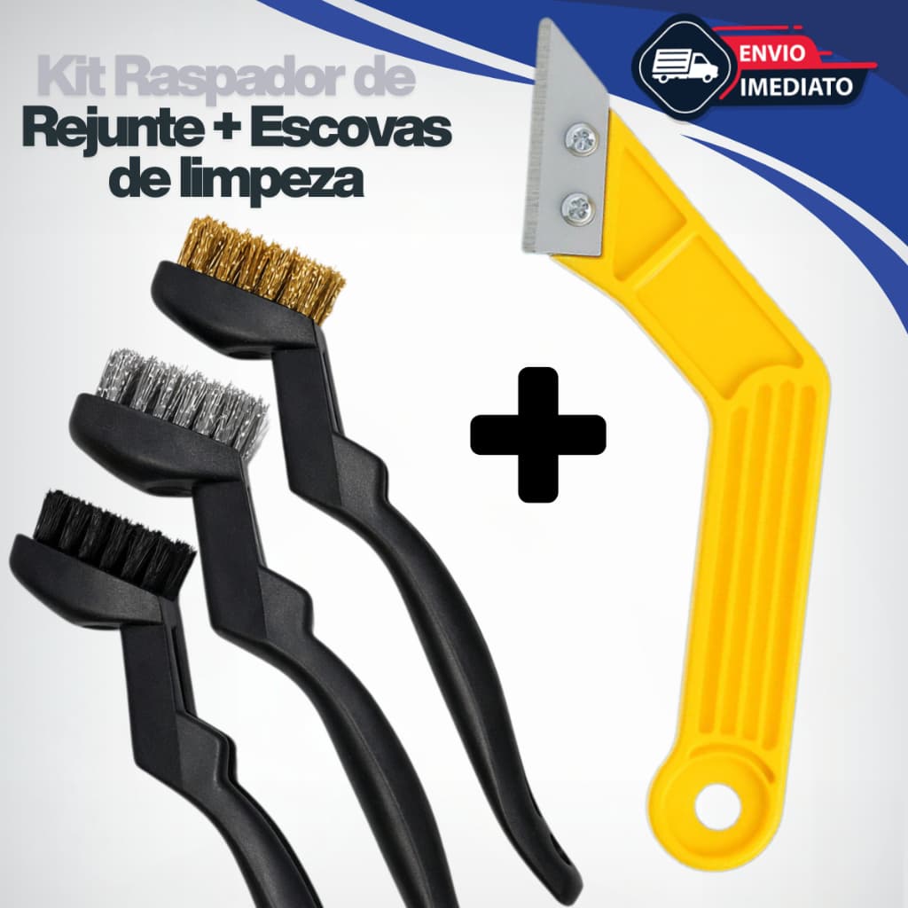 Kit Raspador Removedor de Rejunte + 3 Escovas para Limpeza Pesada Cerdas Aço Latão Nylon Universal