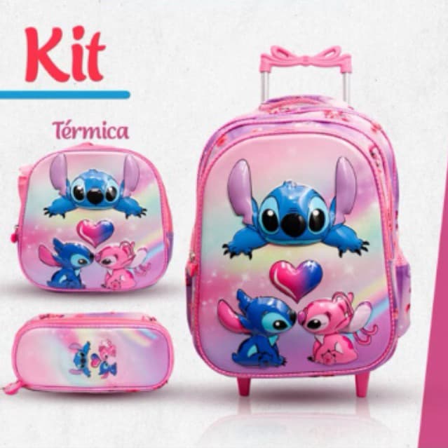 KIT MOCHILA DE RODINHA estampa 3D Escolar barbie/minie/frozen/lilo stitch Bolsa  Com Lancheira térmica e Estojo
