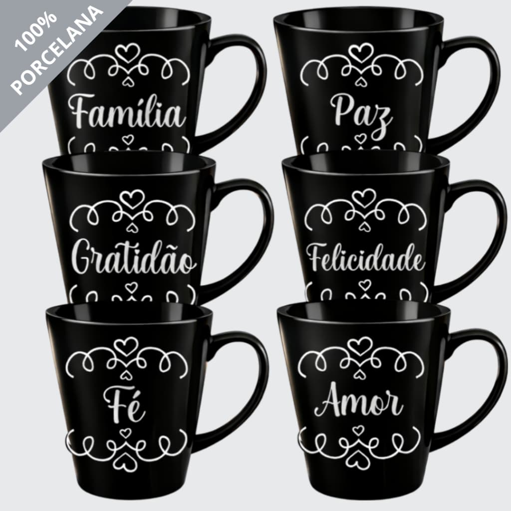 KIT 6 Canecas Pretas Luxo Porcelana 120 ML Frases Coração Motivação Xícaras Chá Café
