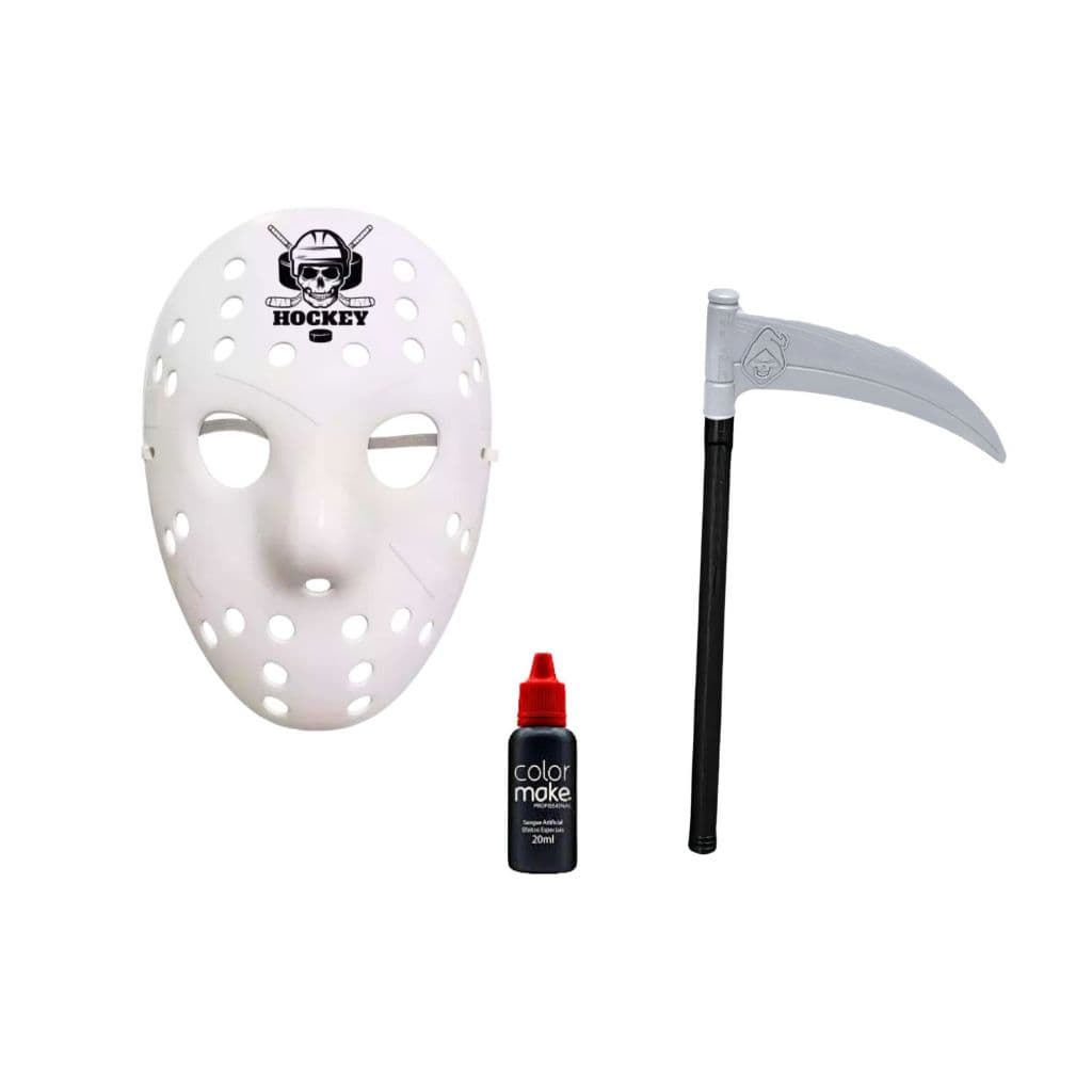 Fantasia Jason Hockey Infantil Halloween Carnaval Mascara Foice e Sangue Artificial Kit 3 Pçs