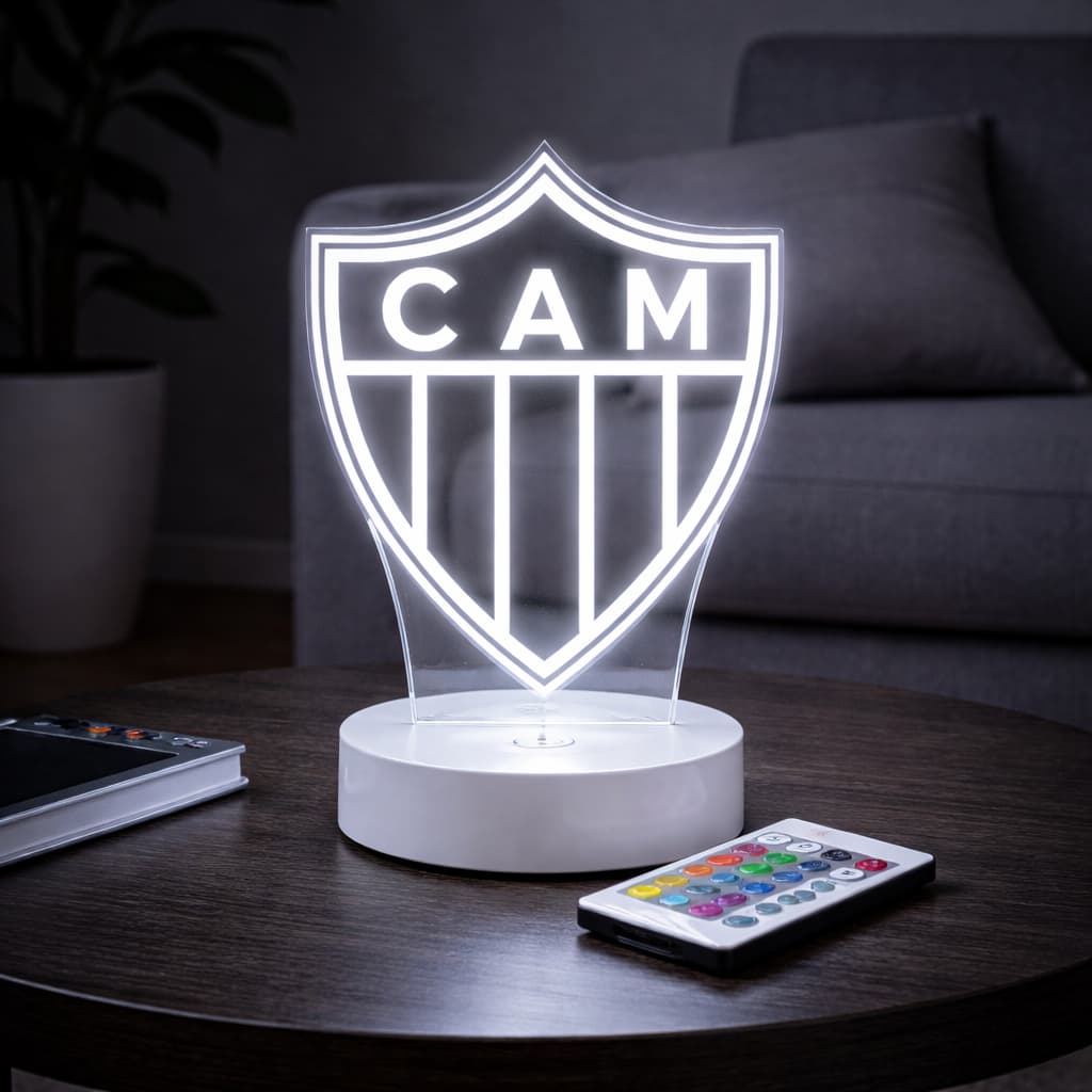 Luminária de LED do ATLÉTICO MINEIRO - Luz no Acrílico - Base PRETA ou BRANCA - Com CONTROLE REMOTO