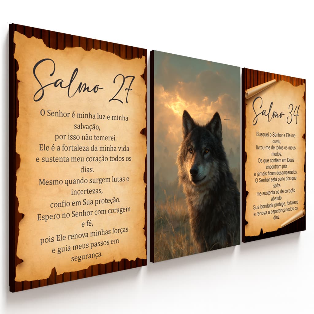 Quadro Decorativo Lobo Paisagem Com Salmos (3 Peças)