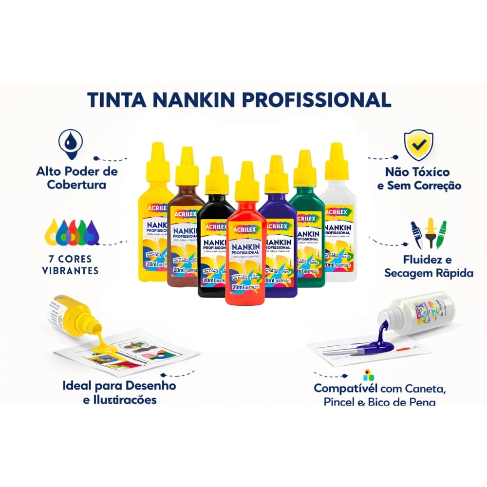 Kit 15 Tinta Nankin Profissional para Contornos 20ml Acrilex