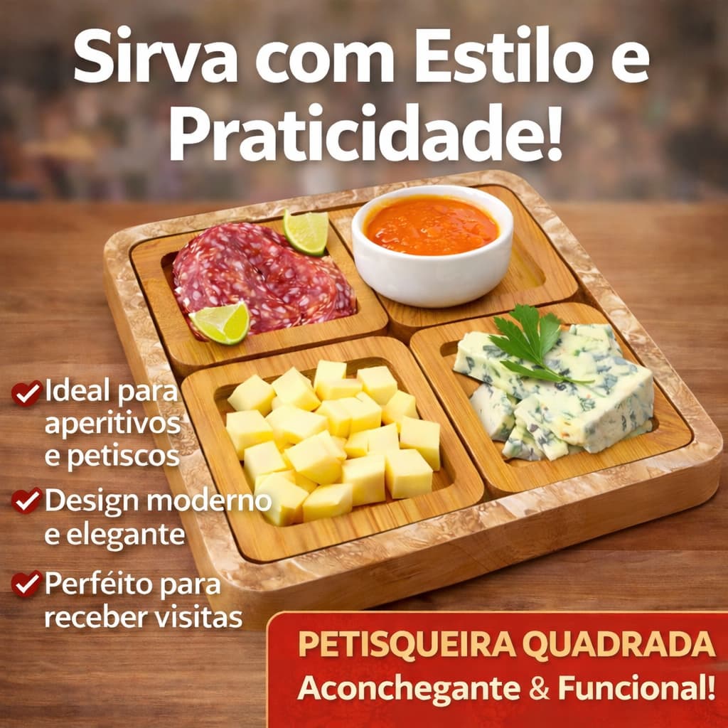 Petisqueira Quadrada em MDF com Base – Porta Petiscos, Frios e Aperitivos Elegante