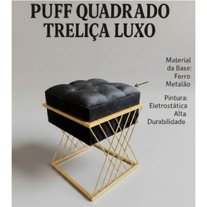 Puff Quadrado Luxo Treliça Dourada Metal Base X Banqueta Calçadeira Estofado Suede Capitonê