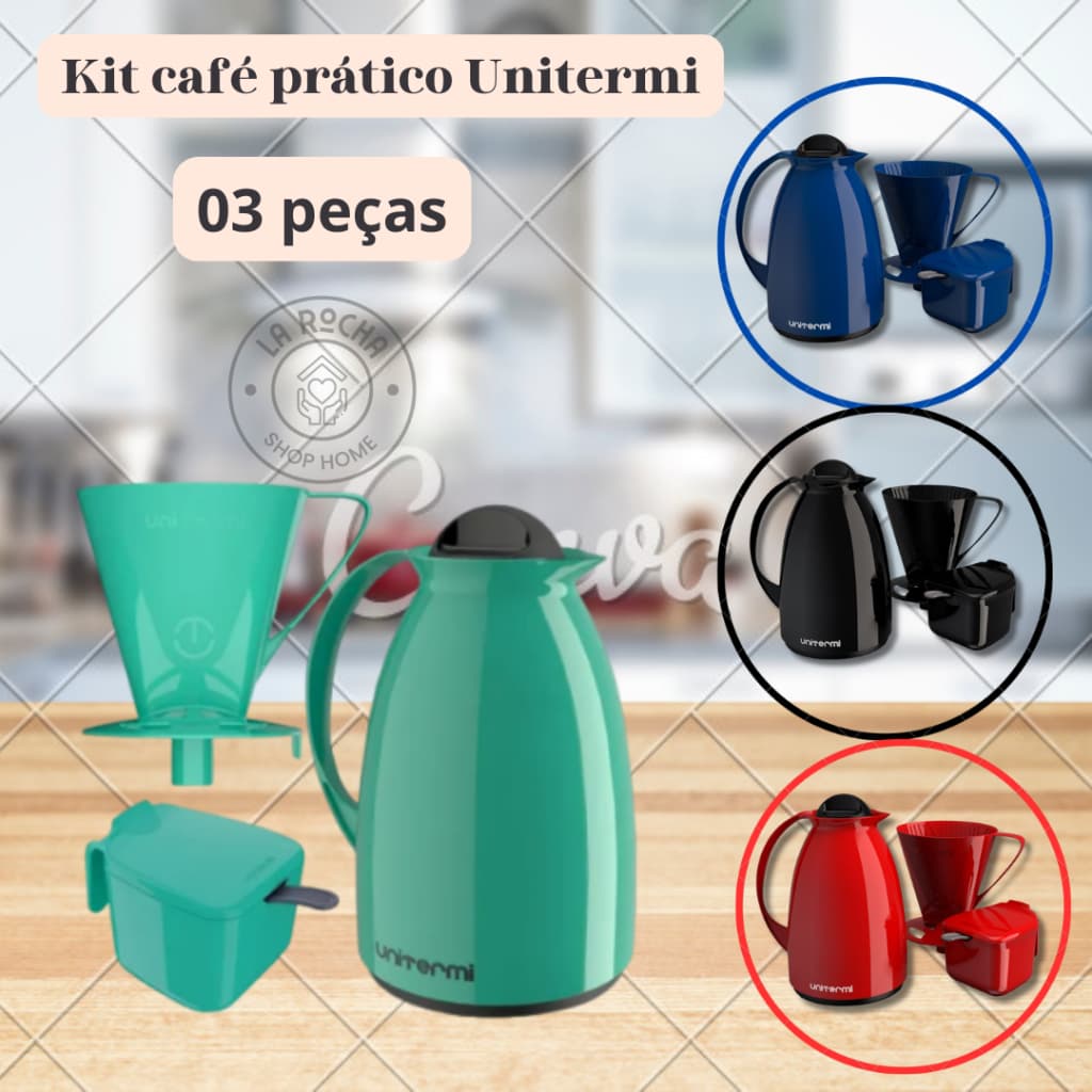 KIT PRÁTICO PARA CAFÉ, GARRAFA TÉRMICA + AÇUCAREIRO + SUPORTE FILTRO UNITERMI