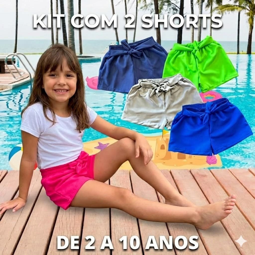 Kit 2 Shorts Menina Infantil Tactel Verão Praia - 2 a 10 Anos