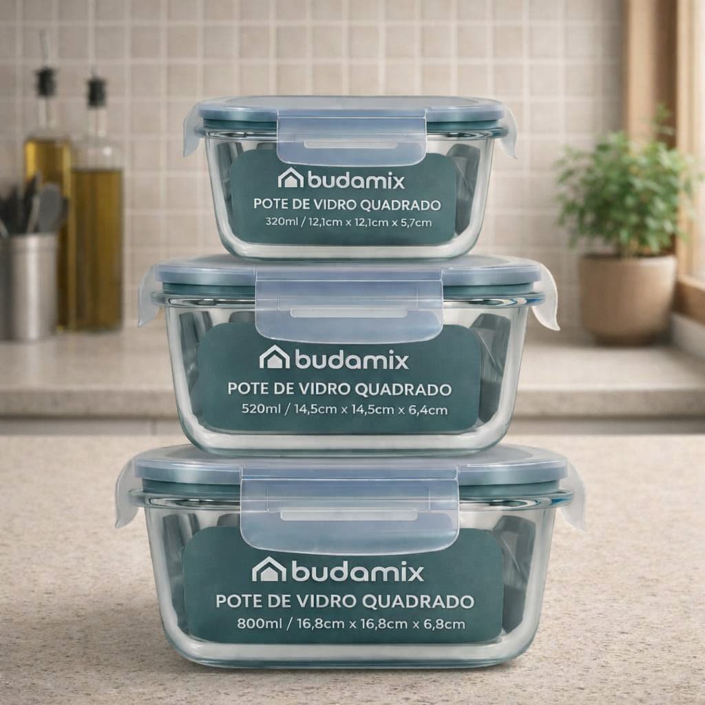 Kit Conjunto 3 Potes Vidro Quadrados Hermético Tampa 4 Travas Vedação