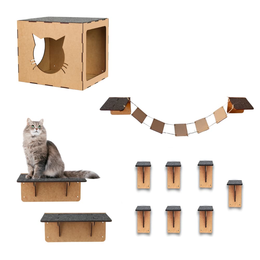 Playground Circuito Brinquedos Para Gatos 11 Peças Em MDF Nicho Toca Ponte Escadas Prateleiras Pet