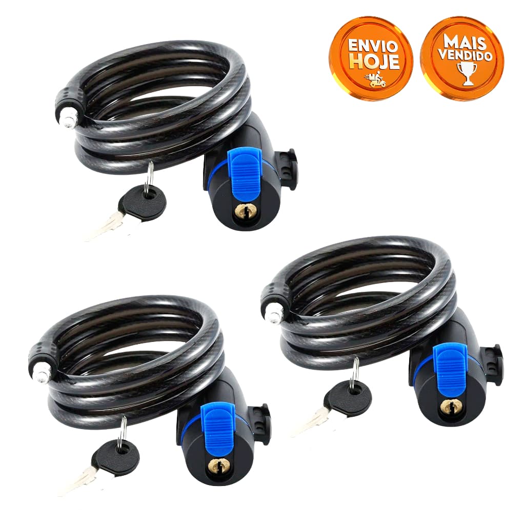 Kit 3 Cadeados Anti-Furto Reforçados 80cm Aço 10mm Bike Moto Capacete - Segurança Total + 6 Chaves
