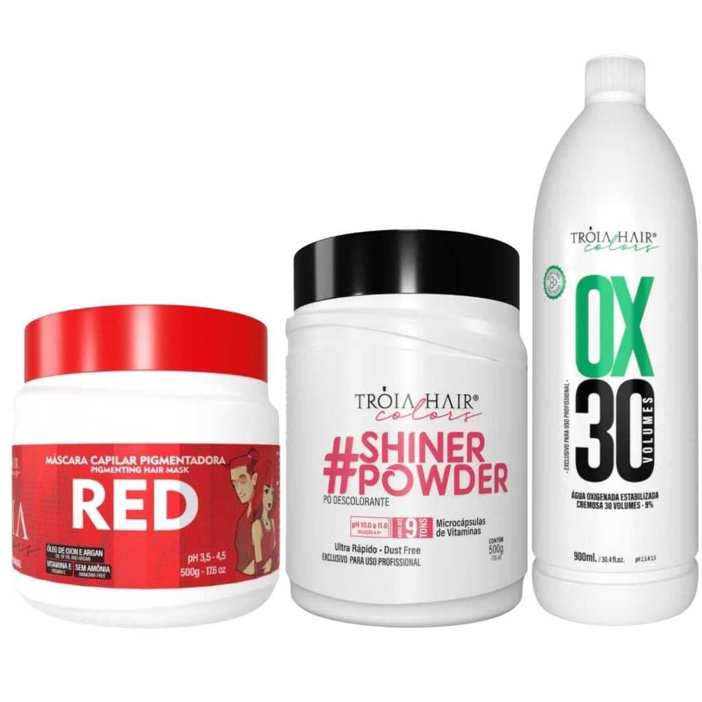 Pó Descolorante Premium 500g + OX 30 900ml + Troia Colors Red 500g - Troia Hair