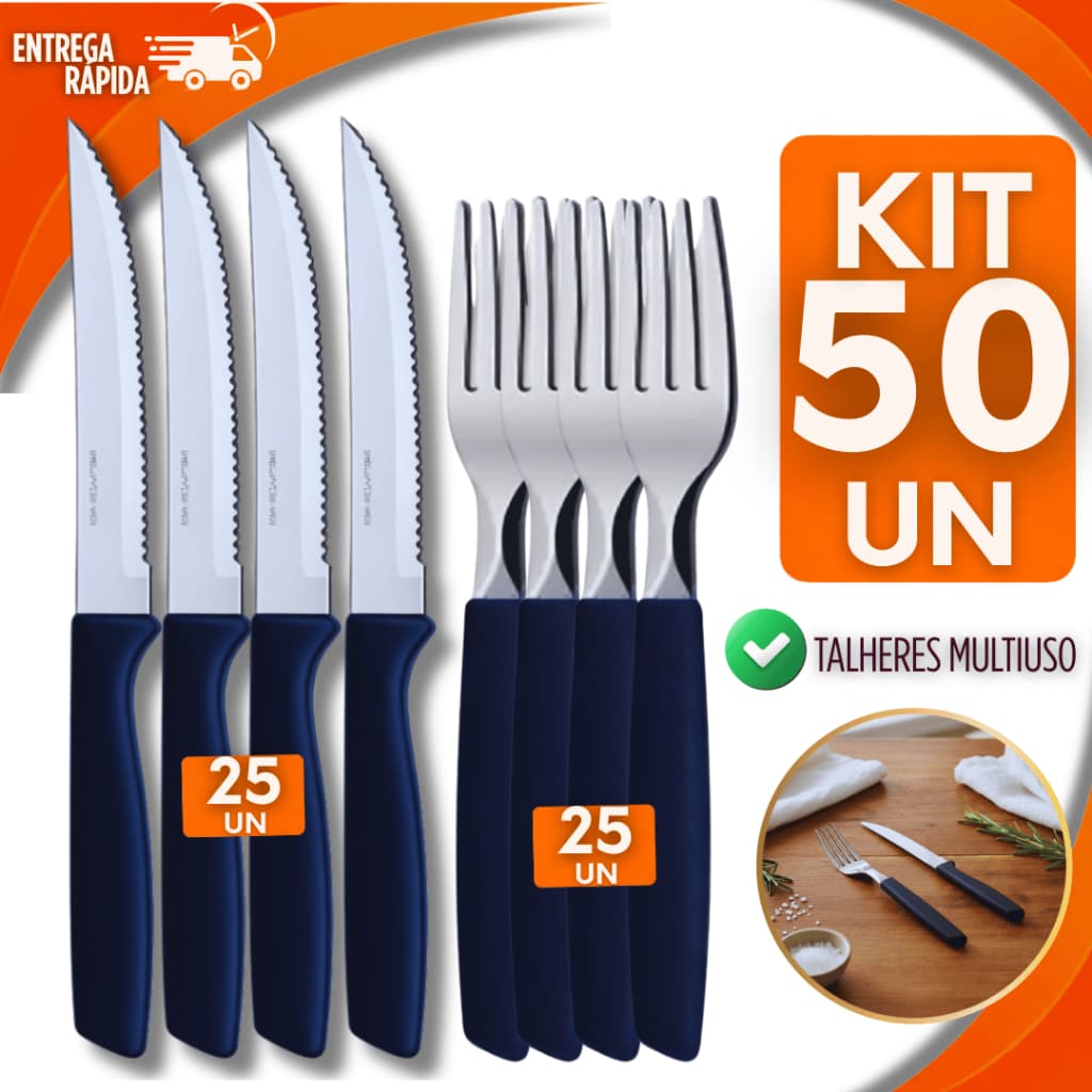 Conjunto 50 Talher 25 Garfos 25 Facas Inox Cabo Preto Plástico Jantar Refeições Buffet Casa Talher