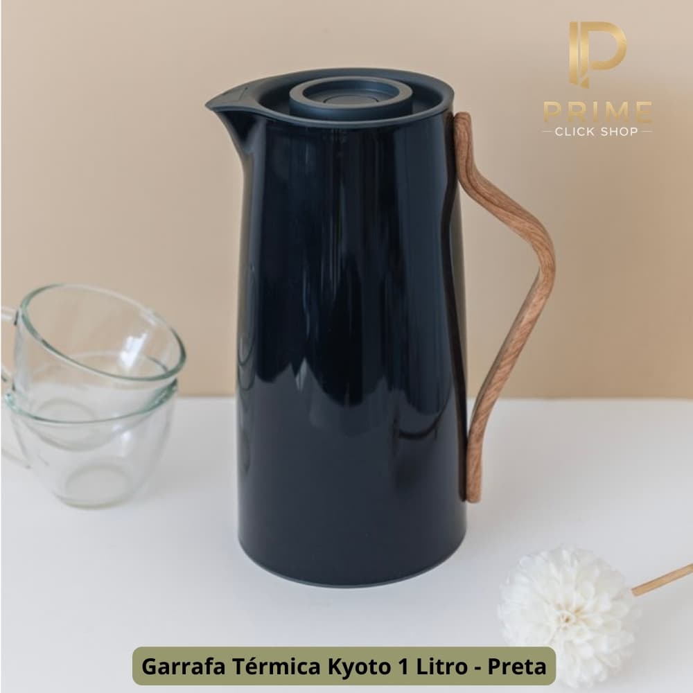 Garrafa Térmica Kyoto 1L Preta Cabo Madeira Estilo Nórdico Café Chá Mesa Posta Ampola Vidro Luxo