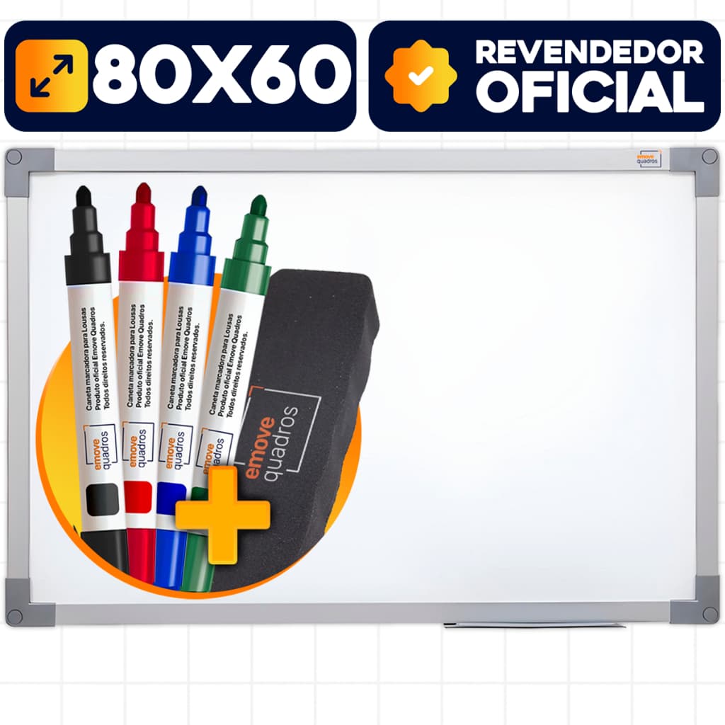 Lousa Branca Quadro Branco 80x60cm Caneta Apagador + 4 Marcadores + 1 Apagador Didática Média