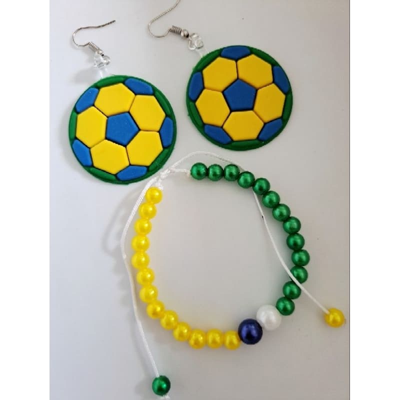 Brinco e Pulseira de Contas Regulável Copa do Mundo - Verde e Amarelo - Torcida - Coleção Vai Brasil (3)