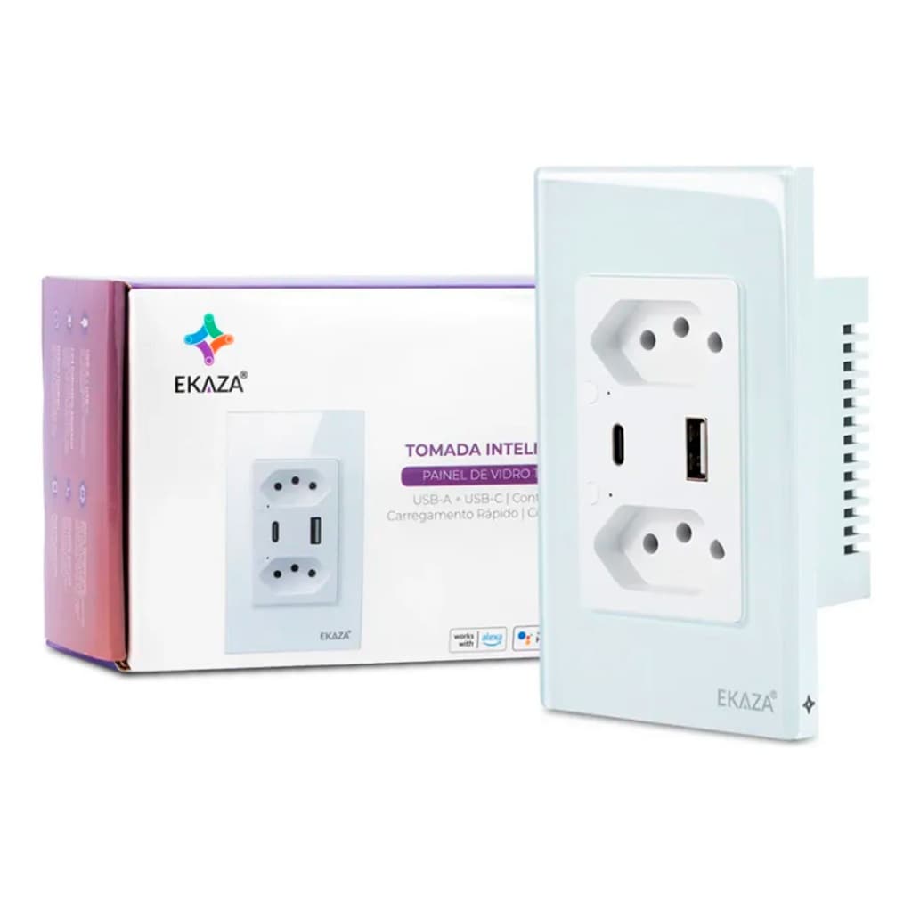 Tomada Inteligente de Parede Wifi Dupla 10A Entrada USB+USB-C Ekaza Alexa E Google