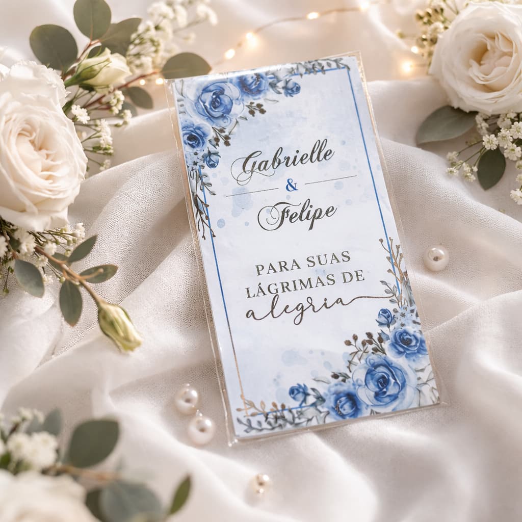 Lágrimas de alegria personalizadas para Casamento - KIT cartãozinho, lenço e saquinho