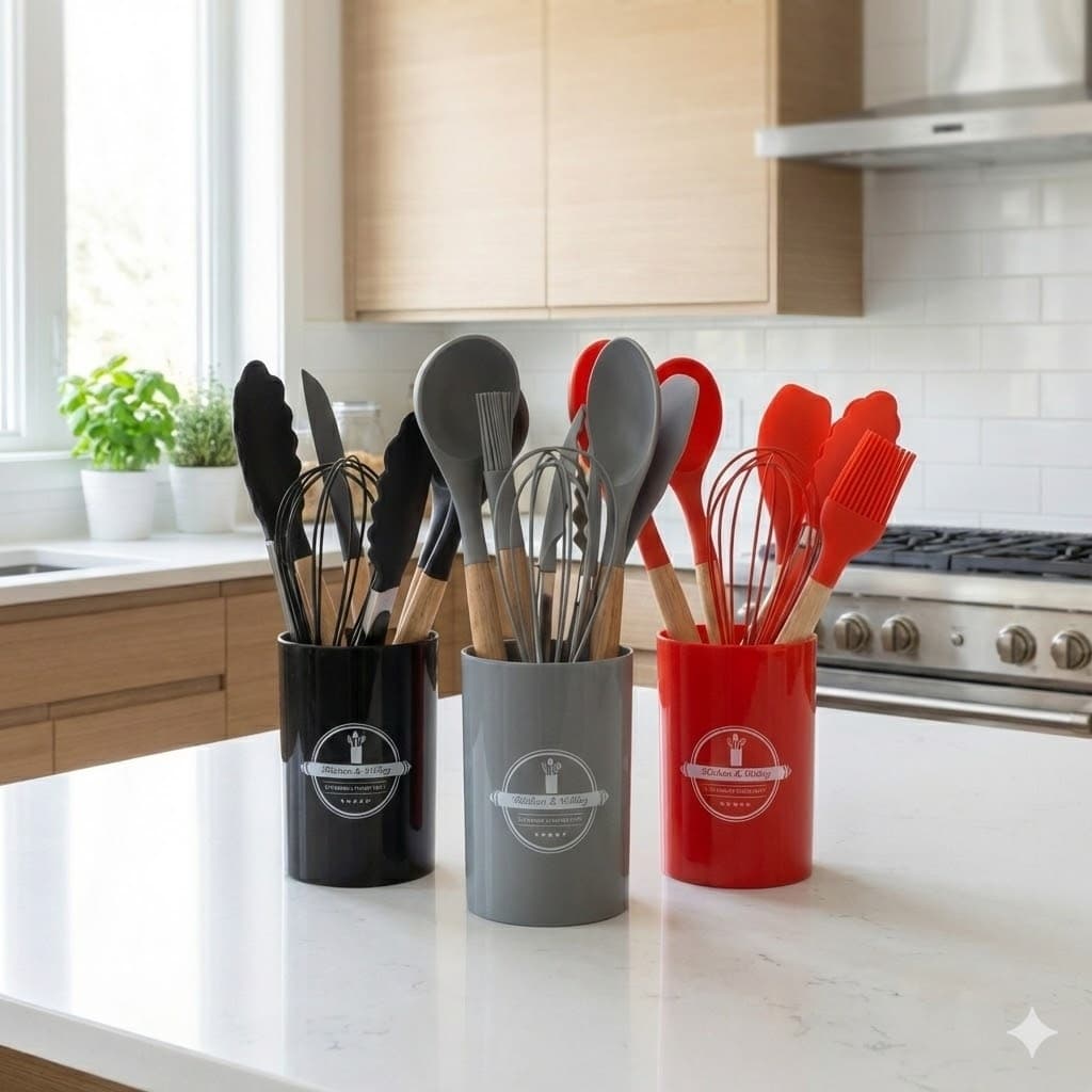 Kit Chef 7 Peças Utensílios Cozinha Silicone Cabo Madeira + Suporte Cores Preta Cinza ou Vermelha