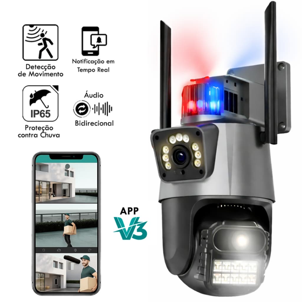 Câmera 4G App V3 6MP Speed Dome com Visão Noturna Colorida e Alarme de Luz Policial