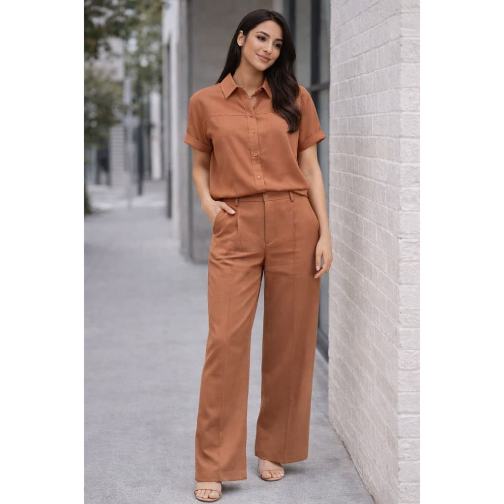 Conjunto Feminino Camisa e Calça Alfaiataria Manga Curta Elegante Casual