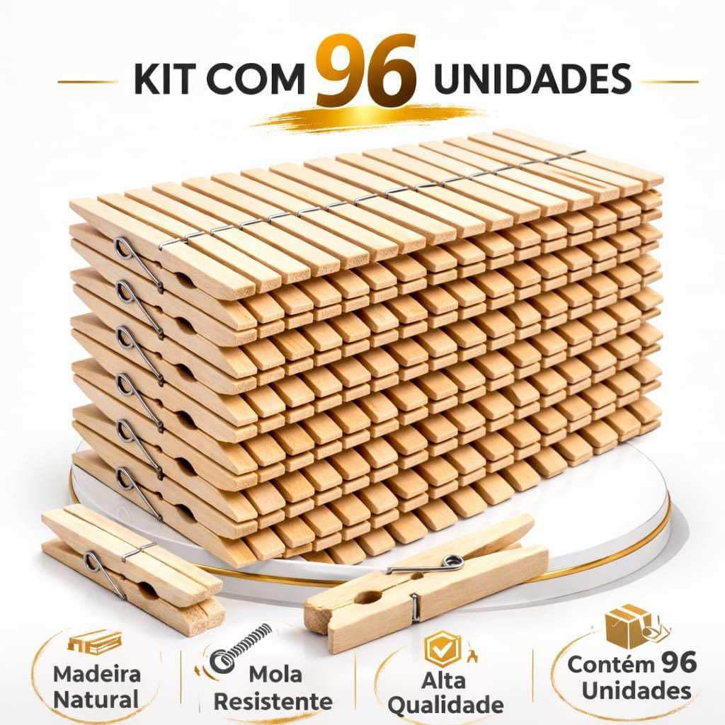 Prendedor de Roupa de Madeira Reforçados Kit com 96 Antideslizantes para Varal