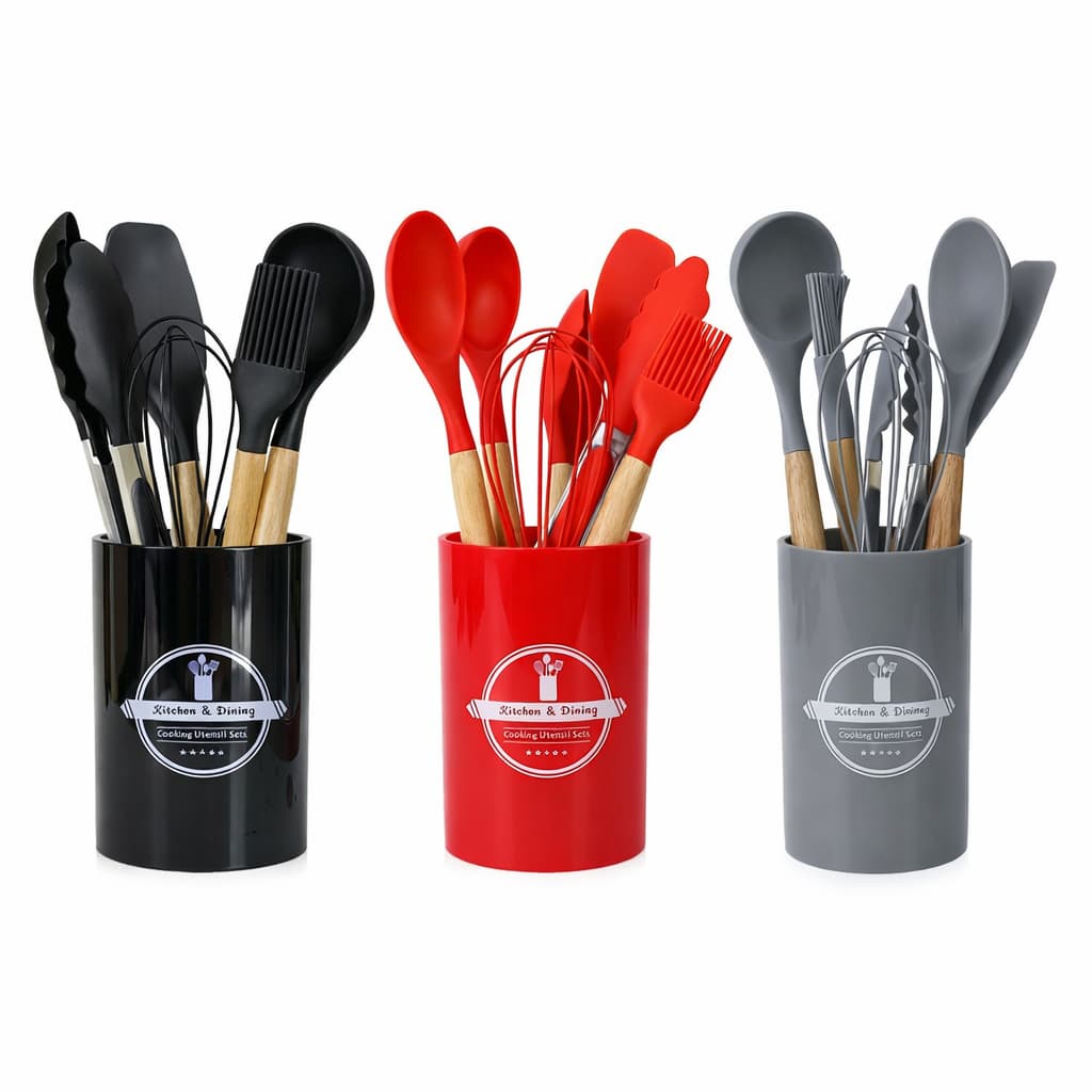 KIT JOGO UTENSÍLIOS DE COZINHA 7 PEÇAS EM SILICONE CONCHA COLHER ESPATUA PINCEL BATEDOR