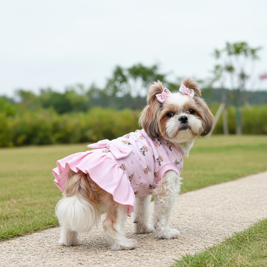 Vestido Pet Yorkshire Rosa Com Laço e Babado Fêmea Porte Pequeno Luxo