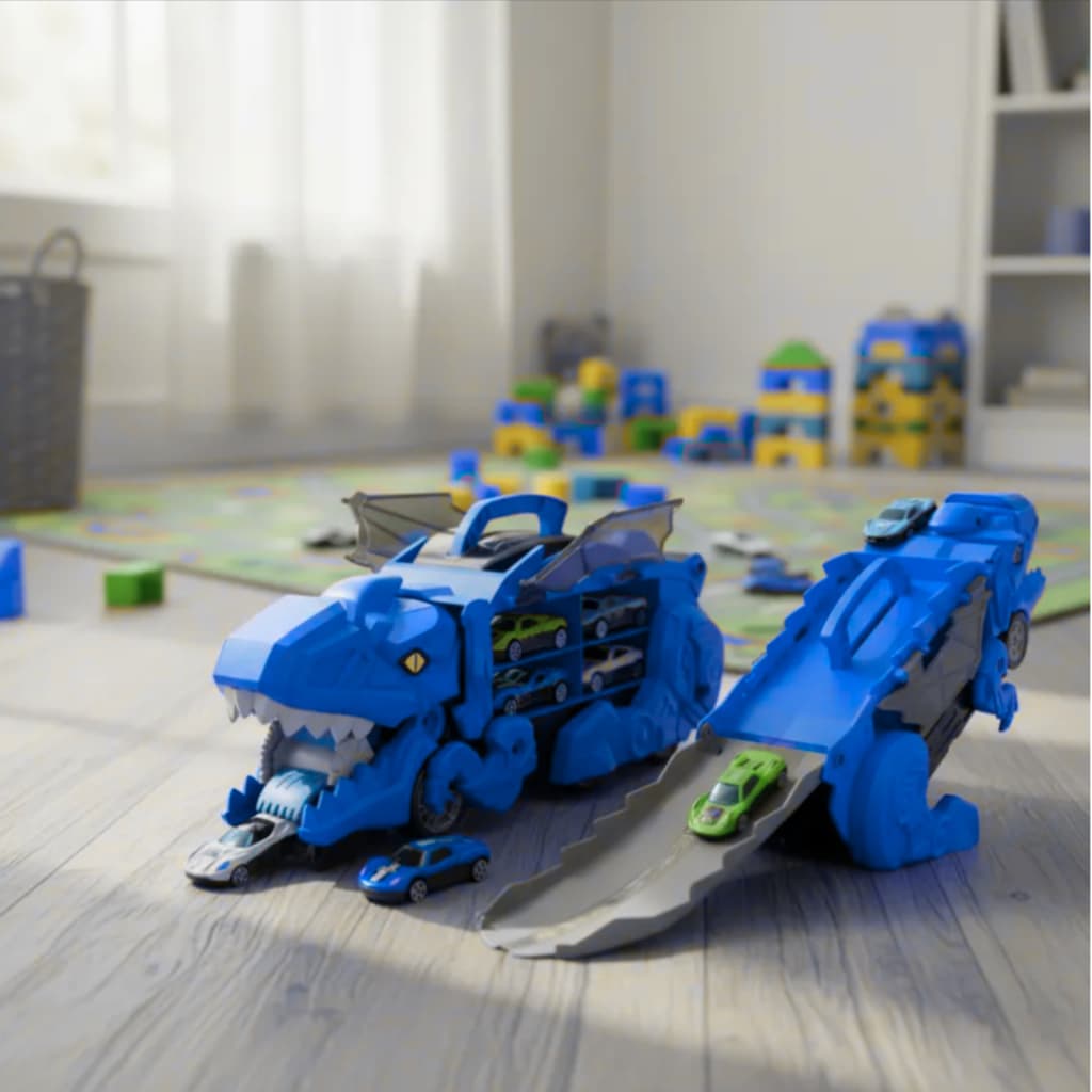 Caminhão Cegonha Dino Truck Vira Pista Com 4 Carrinhos Maleta Transportadora Azul Vermelho Verde