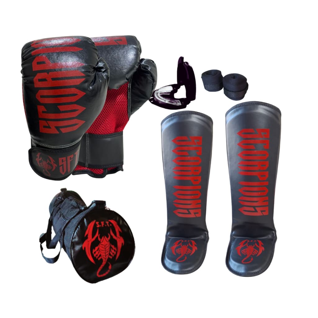 Kit Profissional Muay Thai Boxe Kickboxing Luva Caneleira Bolsa Bandagem bucal scorpions
