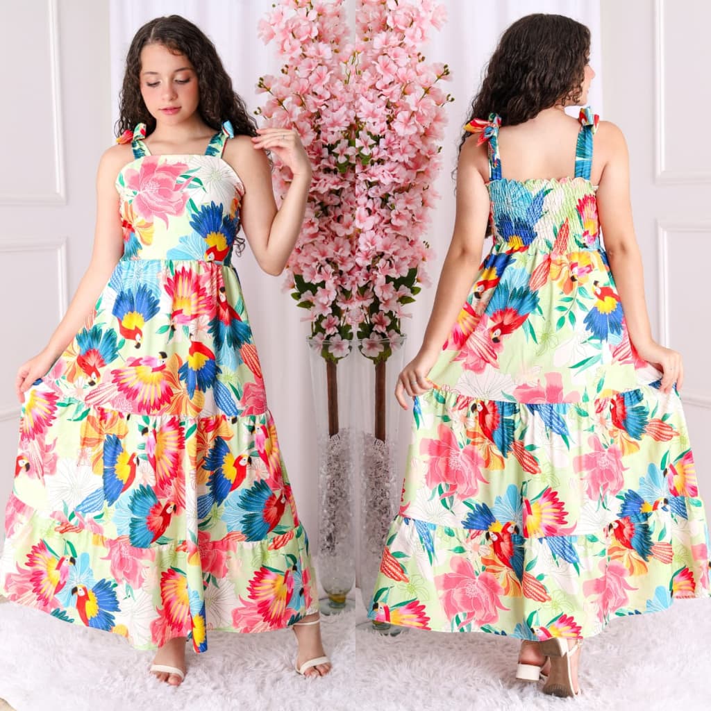 vestido longo juvenil 3 marias estampado tecido crepinho