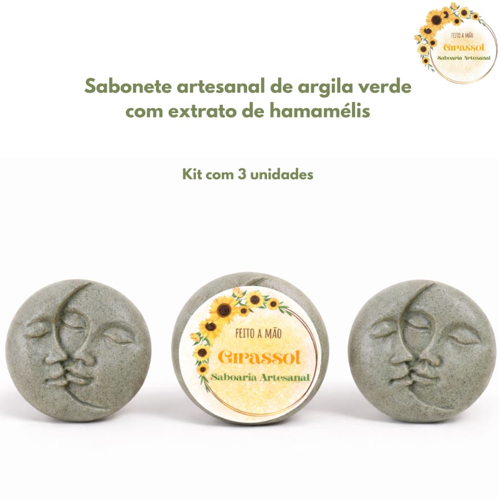 Kit 3 Sabonetes Argila Verde 60g Artesanal Acne Oleosidade Limpeza Profunda | Girassol Saboaria Artesanal