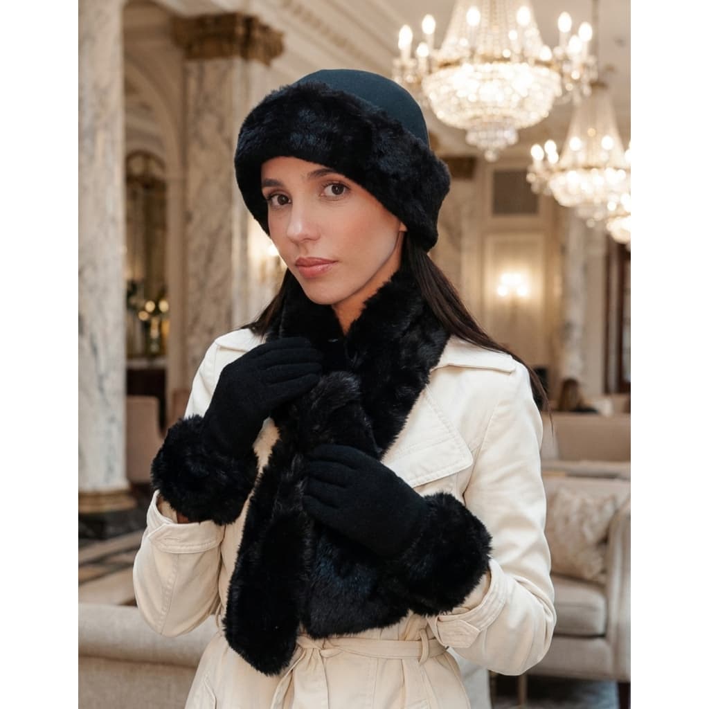Conjunto de Inverno Para Mulheres Touca Cachecol Luva Gorro de Soft Gola Pelúcia Luva de Lã
