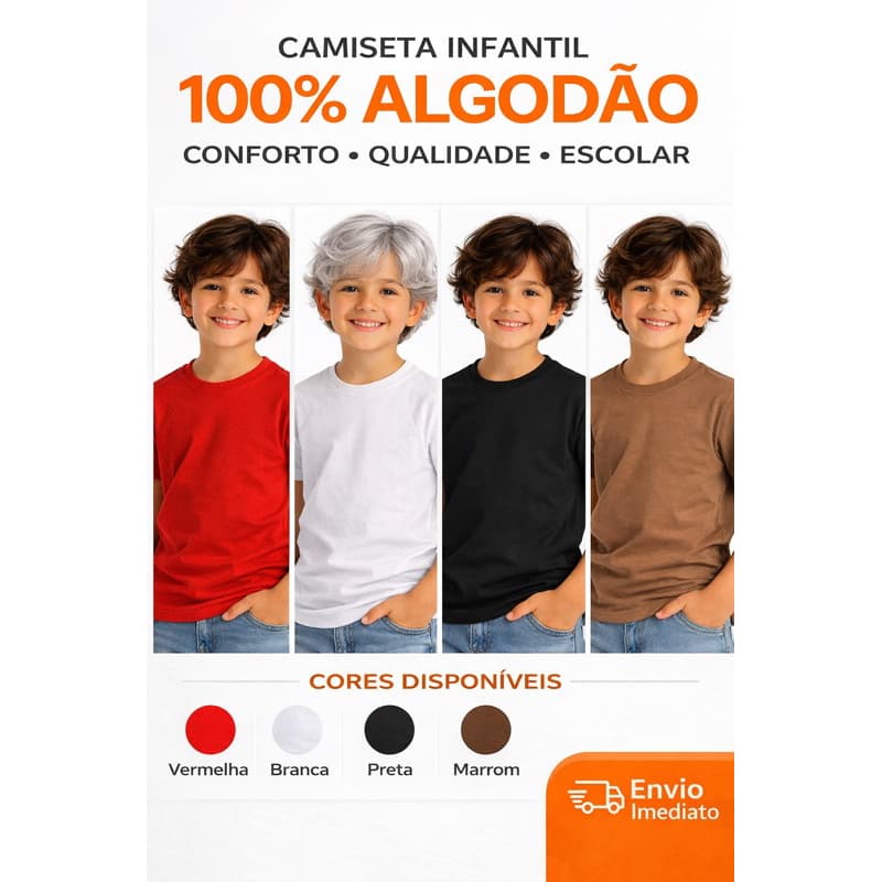 Camiseta Infantil 100% Algodão Premium – Escolar Confortável Unissex do 4 ao 12