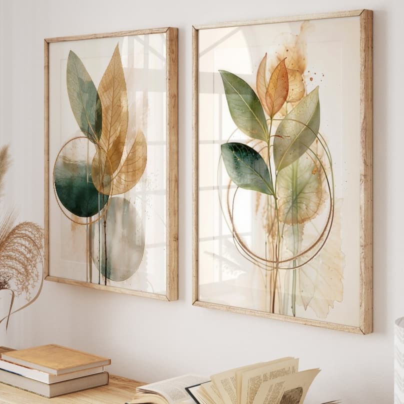 Kit 2 Quadros Decorativos com Moldura Quarto Sala Boho Folhas Tons Terrosos Verdes Abstratos Vidro
