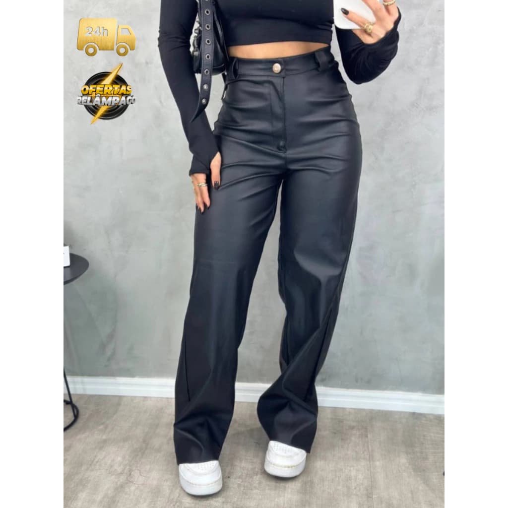 Calça Couro Fake Feminina Wide Leg Pantalona Cintura Alta PU Sintético com Bolso Zíper Moda