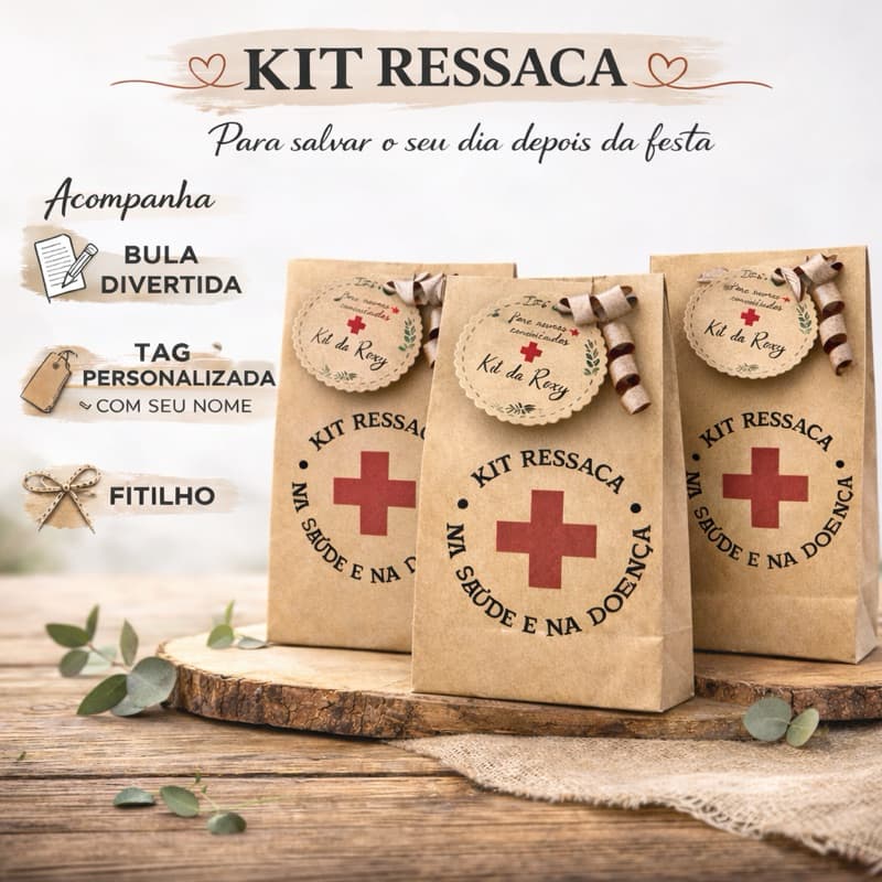 Kit Ressaca Personalizado – Sacola Kraft 180g com Tag e Fitilho | Lembrancinha para Casamento, Aniversário e Festa